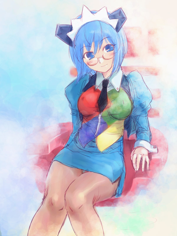 michael f91, 2k-tan, os-tan, 1girl, blue pantyhose, breasts, female focus, glasses, large breasts, long sleeves, panties, panties under pantyhose, pantyhose, pantyshot, pencil skirt, skirt, solo, underwear, upskirt