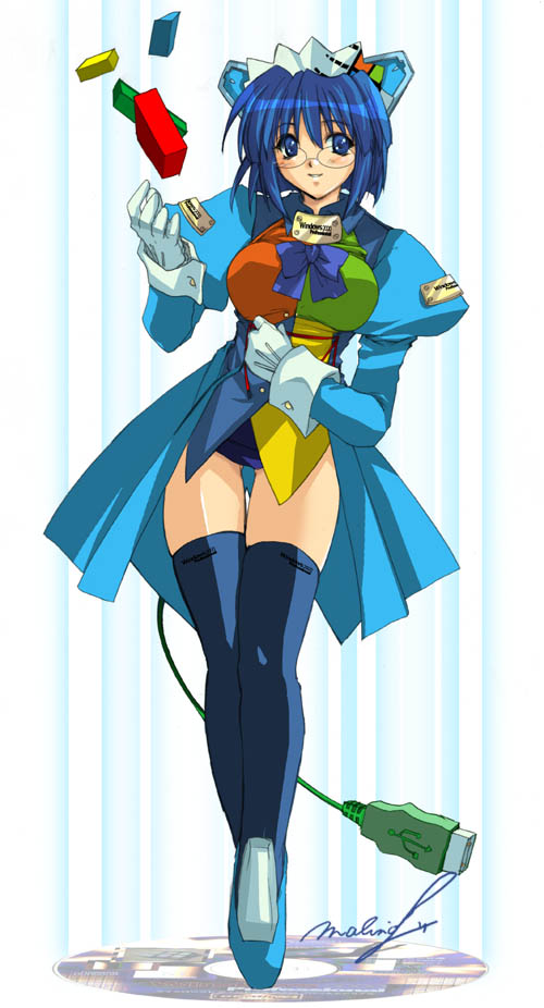 malino (dream maker), 2k-tan, microsoft windows, os-tan, windows 2000, windows classic, 1girl, blue eyes, blue hair, blue thighhighs, breasts, cable, cd, female focus, glasses, gloves, matching hair/eyes, short hair, solo, thigh gap, thighhighs, thighs, usb, white gloves, zettai ryouiki