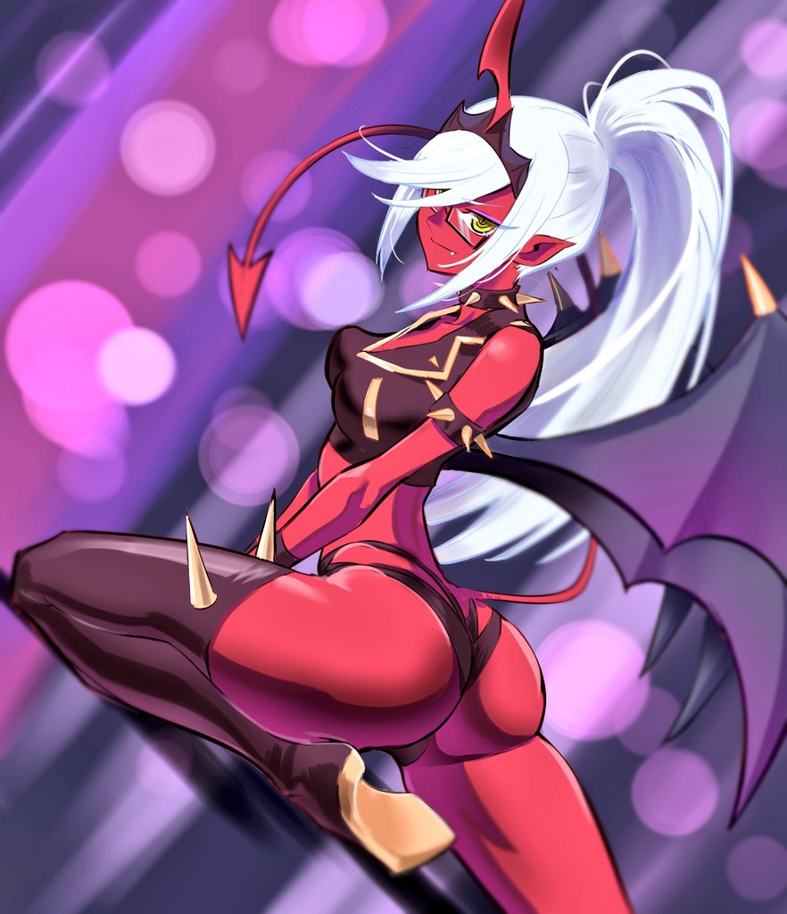 rodrigo yoshimiya, kneesocks (psg), panty & stocking with garterbelt, armlet, ass, black boots, blurry, blurry background, bokeh, boots, choker, colored skin, demon tail, demon wings, depth of field, fang, horns, jewelry, long hair, pointy ears, ponytail, red skin, single horn, spiked armlet, spiked choker, spikes, tail, white hair, wings, yellow eyes