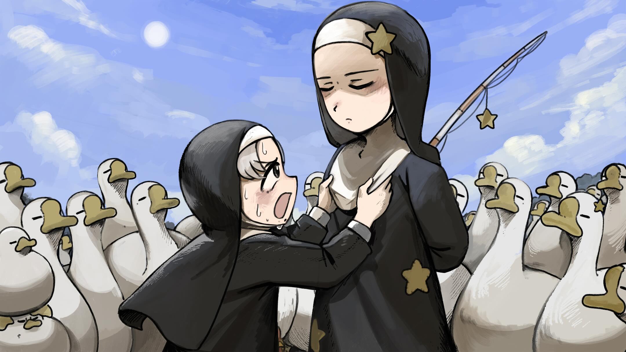 diva (hyxpk), smug nun (diva), star nun (diva), little nuns (diva), commentary, english commentary, highres, 2girls, aged down, bird, chicken, closed eyes, cloud, cloudy sky, duck, fishing rod, goose, grey hair, multiple girls, nun, outdoors, sky, star (symbol), star ornament, star print, sweat, traditional nun