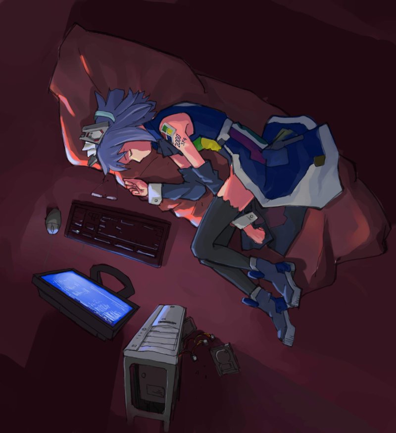 pinzu, 2k-tan, os-tan, 1girl, arm tattoo, bare shoulders, black thighhighs, blue boots, blue hair, boots, closed eyes, closed mouth, computer, computer keyboard, computer mouse, detached sleeves, female focus, from above, full body, glasses, hard drive, keyboard, knee boots, long sleeves, lying, monitor, number tattoo, on side, profile, shaded face, short hair, sleeveless, solo, tattoo, thighhighs, unworn eyewear, wrist cuffs