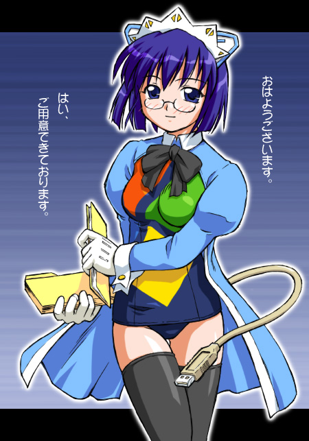 2k-tan, os-tan, blush, cable, folder, glasses, gloves, solo, thighhighs, white gloves