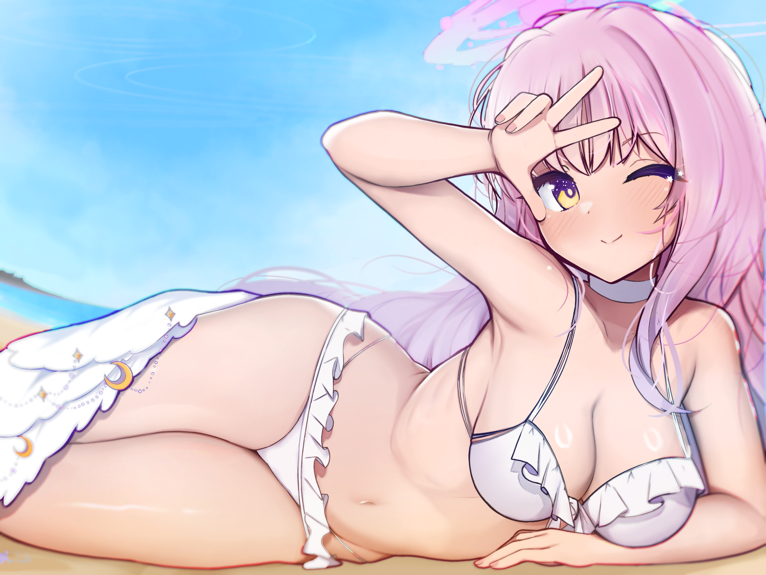semnomeart, mika (blue archive), mika (swimsuit) (blue archive), blue archive, highres, 1girl, ;), arm up, bare arms, bare shoulders, beach, bikini, blue halo, blush, breasts, bright pupils, choker, cleavage, closed mouth, cloud, cloudy sky, collarbone, crescent, day, feathered wings, fingernails, frilled bikini, frills, gradient halo, halo, horizon, large breasts, long hair, looking at viewer, low wings, lying, multi-strapped bikini bottom, multicolored eyes, multicolored halo, navel, ocean, official alternate costume, on ground, on side, one eye closed, outdoors, pink hair, pink halo, purple eyes, sidelocks, sky, smile, solo, star (symbol), stomach, swimsuit, thighs, two-tone eyes, two-tone halo, very long hair, w, white bikini, white choker, white pupils, white wings, wings, yellow eyes