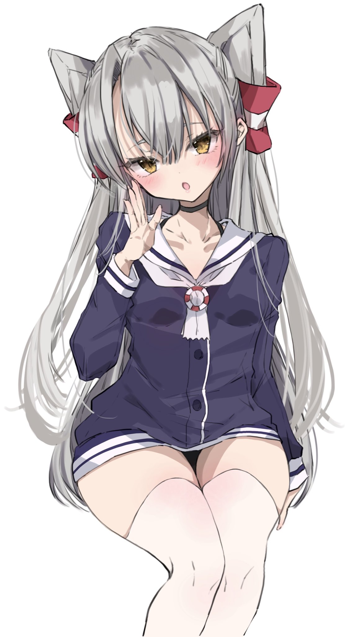 chigasaki yukari, amatsukaze (kancolle), kantai collection, highres, 1girl, black choker, black dress, brown eyes, choker, dress, grey hair, grey neckerchief, hair tubes, invisible chair, lifebuoy ornament, long hair, long shirt, long sleeves, looking at viewer, neckerchief, sailor collar, sailor dress, short dress, sitting, solo, thighhighs, two side up, white sailor collar, white thighhighs