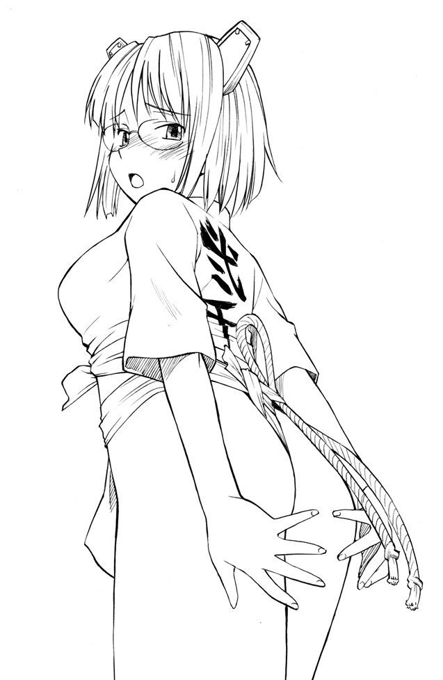 2k-tan, os-tan, 1girl, ass, female focus, flat ass, fundoshi, glasses, greyscale, japanese clothes, mizu happi, monochrome, short hair, solo