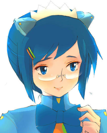 2k-tan, os-tan, 1girl, blue eyes, blue hair, female focus, glasses, hair ornament, matching hair/eyes, ribbon, short hair, solo