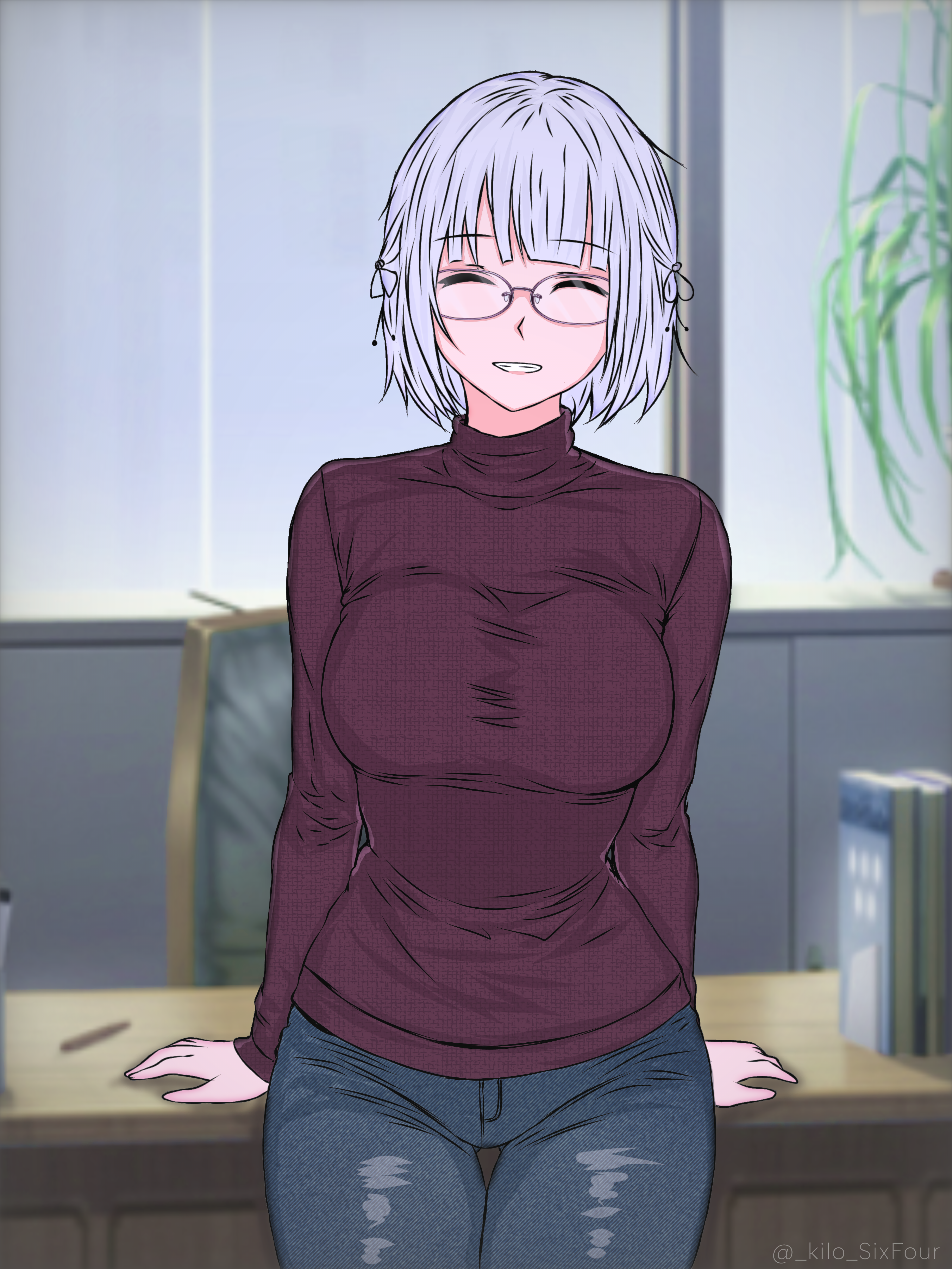 cimol95, rpk-16 (girls' frontline), girls' frontline, absurdres, commentary, english commentary, highres, ibispaint (medium), 1girl, alternate costume, arm support, arms behind back, blurry, blurry background, book, breasts, casual, chair, closed eyes, denim, feet out of frame, glasses, grey hair, jeans, leaning back, long sleeves, medium breasts, medium hair, office, office chair, open mouth, pants, pencil, purple shirt, shirt, simple background, smile, solo, standing, swivel chair, table, teeth, turtleneck, twitter username