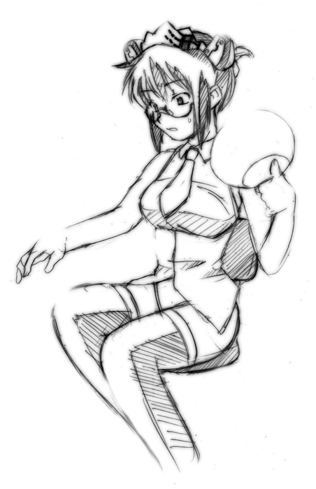 2k-tan, os-tan, glasses, greyscale, monochrome, short hair, sitting, solo, thighhighs