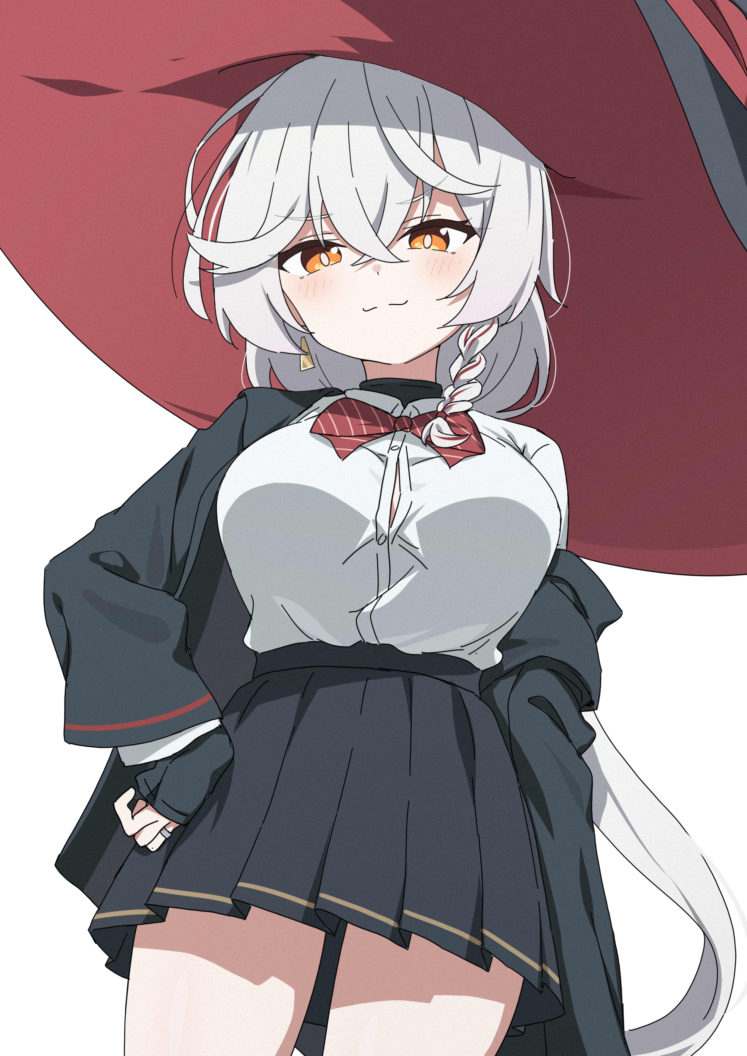 eri (blue archive), blue archive, bow, bowtie, braid, earrings, halo, hat, jacket, jewelry, long coat, long hair, looking at viewer, panties, shirt, skirt, sleeves past wrists, smug, sweater, thighs, underwear, white hair, witch hat