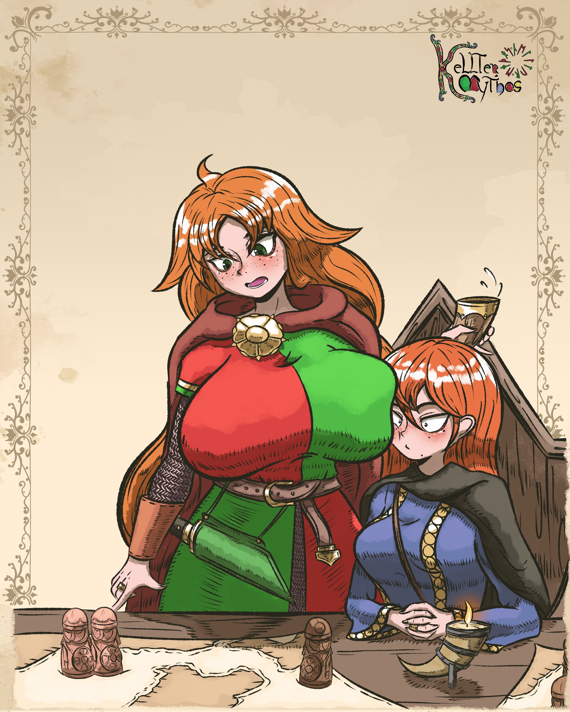 2girls, armor, breast rest, breasts, breasts on head, kellter mythos, large breasts, multiple girls, red hair