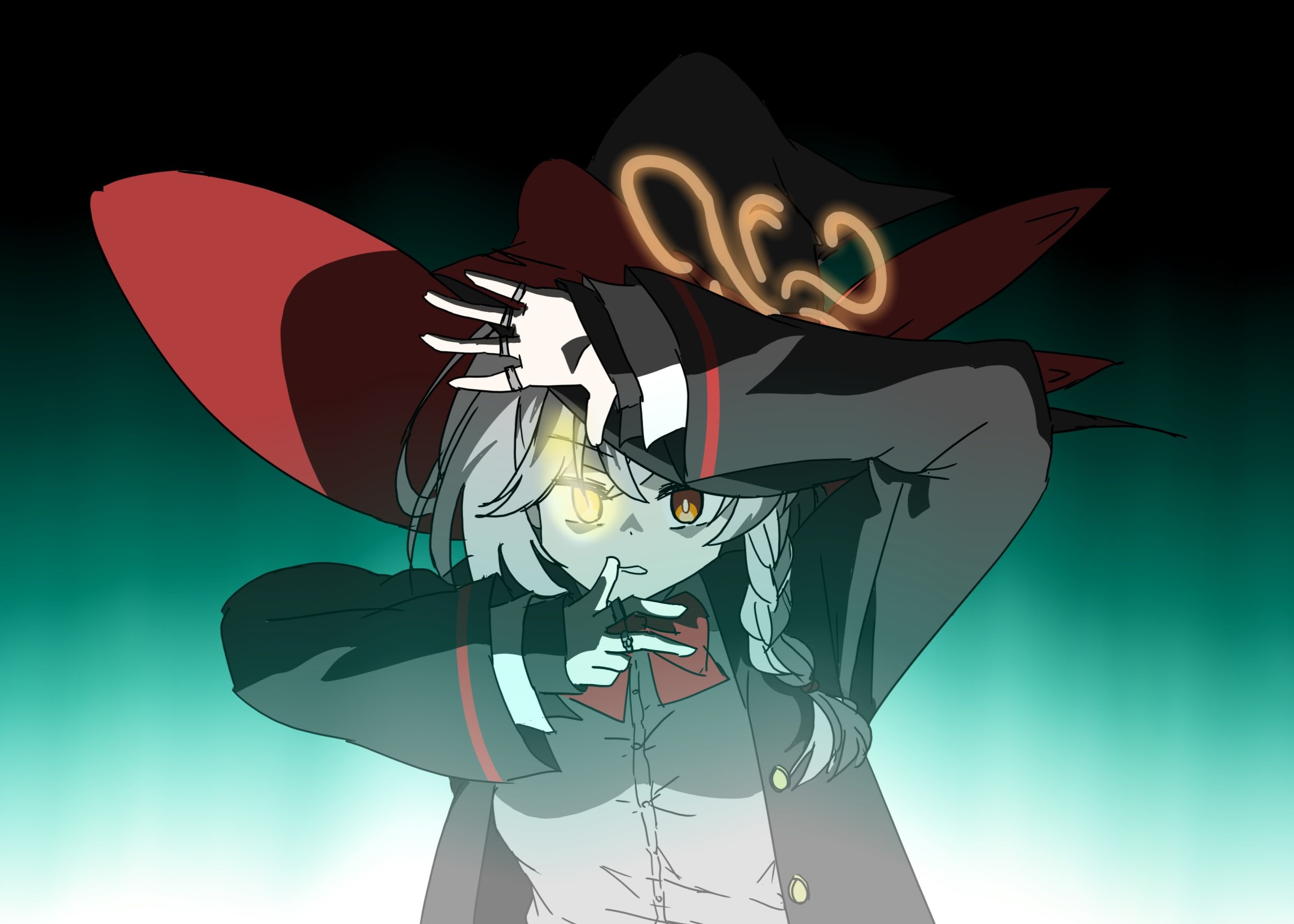 eri (blue archive), blue archive, bow, bowtie, braid, chuunibyou, glowing, glowing eyes, halo, hat, jacket, jewelry, long coat, long hair, panties, ring, shirt, skirt, sweater, underwear, white hair, witch hat