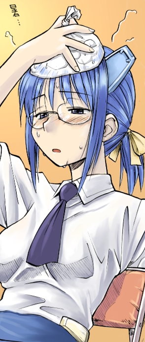 2k-tan, os-tan, 1girl, blue hair, chair, female focus, fever, glasses, ice, ice cube, on chair, shirt, sick, solo, sweat