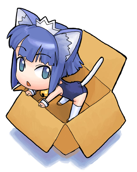 2k-tan, os-tan, 1girl, animal ears, bell, box, cardboard box, cat ears, cat tail, female focus, glasses, in box, in container, solo, tail