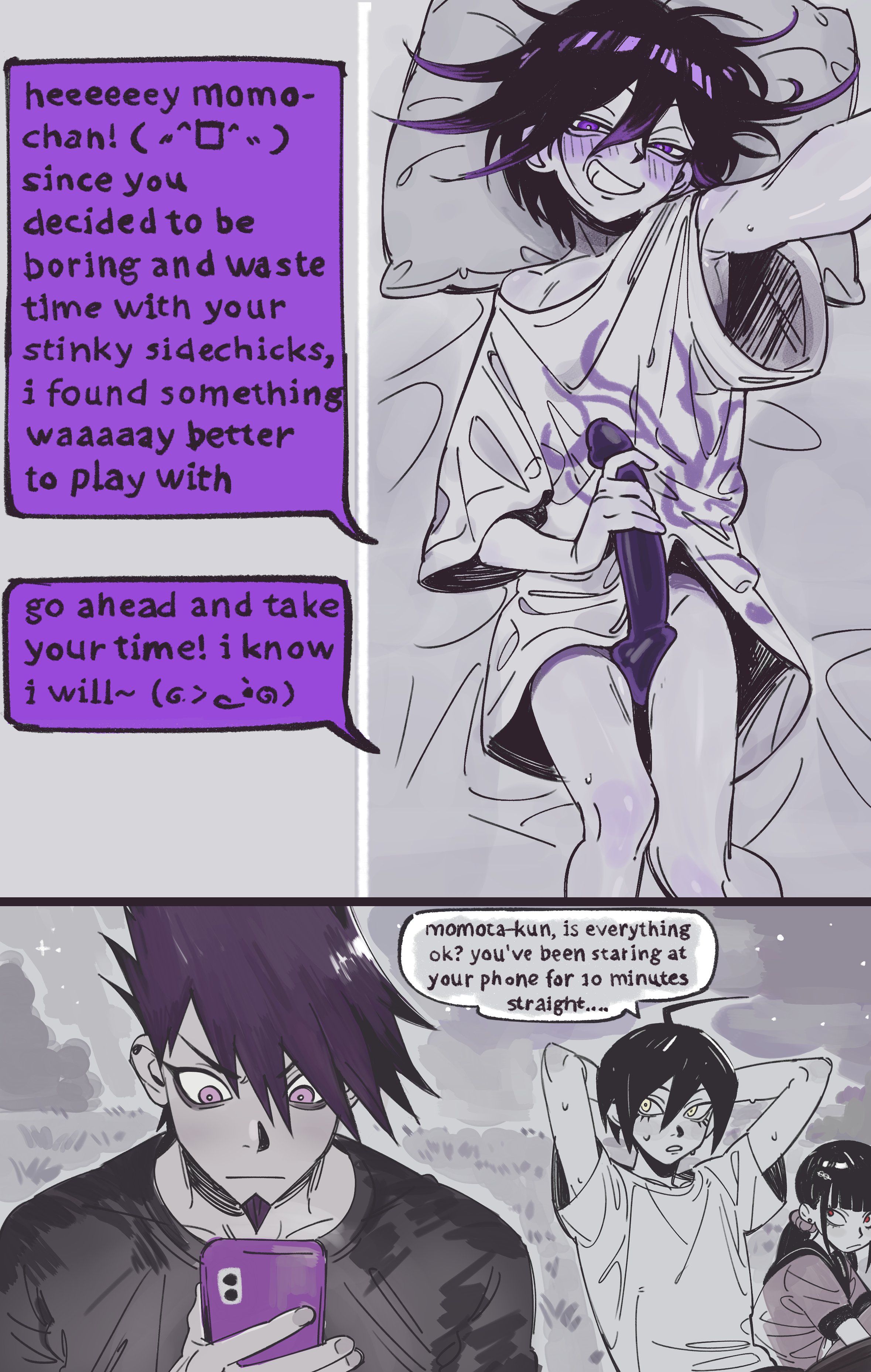 miri (bossu osu), harukawa maki, momota kaito, oma kokichi, saihara shuichi, danganronpa (series), danganronpa v3: killing harmony, absurdres, highres, 1girl, 3boys, ahoge, black hair, blush, dildo, english text, facial hair, goatee, grin, hair between eyes, holding, holding phone, holding sex toy, male focus, multiple boys, phone, purple hair, sex toy, shirt, short sleeves, single bare shoulder, smile, speech bubble, sweat, teeth, wide sleeves, yaoi