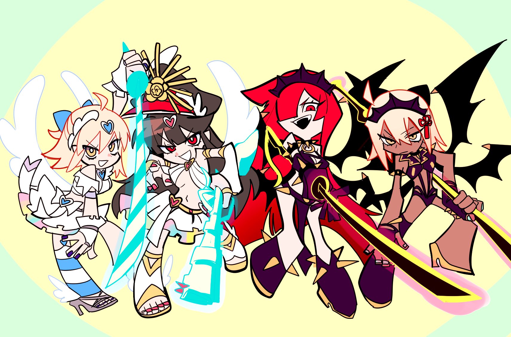 kuriimu0203, kneesocks (psg), oda nobunaga (fate), oda nobunaga (maou avenger) (fate), okita souji (fate), okita souji alter (fate), panty (psg), scanty (psg), stocking (psg), fate/grand order, fate (series), panty & stocking with garterbelt, highres, 4girls, ahoge, angel wings, black hair, blonde hair, cosplay, dark-skinned female, dark skin, demon wings, gun, hair over one eye, hat, holding, holding gun, holding sword, holding weapon, kneesocks (psg) (cosplay), military hat, multiple girls, panty & stocking with garterbelt (style), panty (psg) (cosplay), red eyes, red hair, scanty (psg) (cosplay), stocking (psg) (cosplay), sword, weapon, wings, yellow eyes