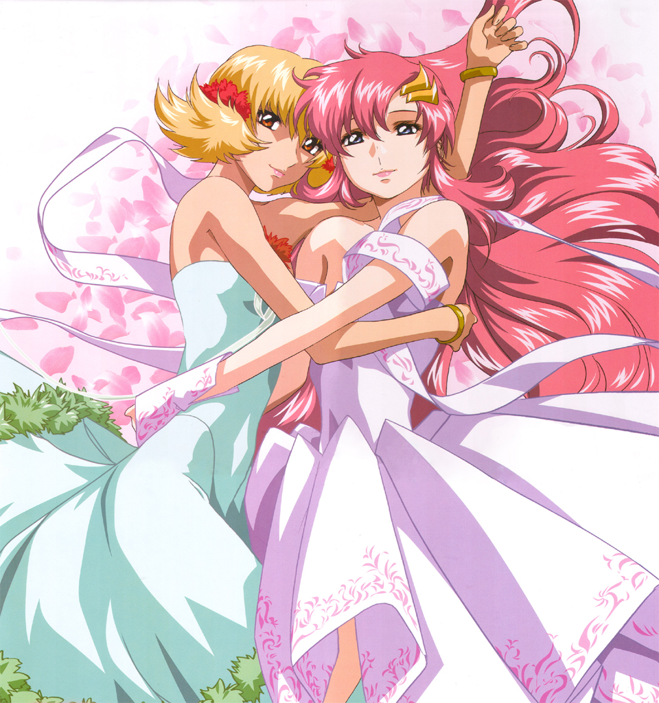 cagalli yula athha, lacus clyne, gundam, gundam seed, gundam seed destiny, official art, 00s, 2girls, blonde hair, bracelet, dress, floating hair, from side, hair between eyes, hug, jewelry, lipstick, long hair, looking at viewer, makeup, multiple girls, petals, pink hair, short hair, smile, standing, very long hair, wavy hair