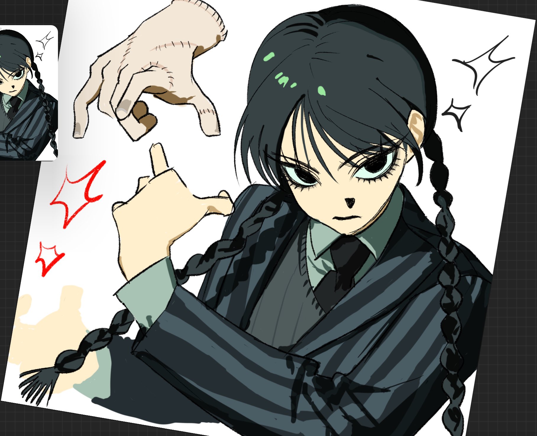 thing (addams family), wednesday addams, addams family, wednesday (netflix), highres, 1girl, 1other, black eyes, black hair, black necktie, braid, closed mouth, collarbone, disembodied hand, grey shirt, grey sweater vest, hair between eyes, jacket, long hair, looking at viewer, nannan maoma0, necktie, scar, scar on hand, school uniform, shirt, striped clothes, striped jacket, suit jacket, sweater vest, twin braids, upper body