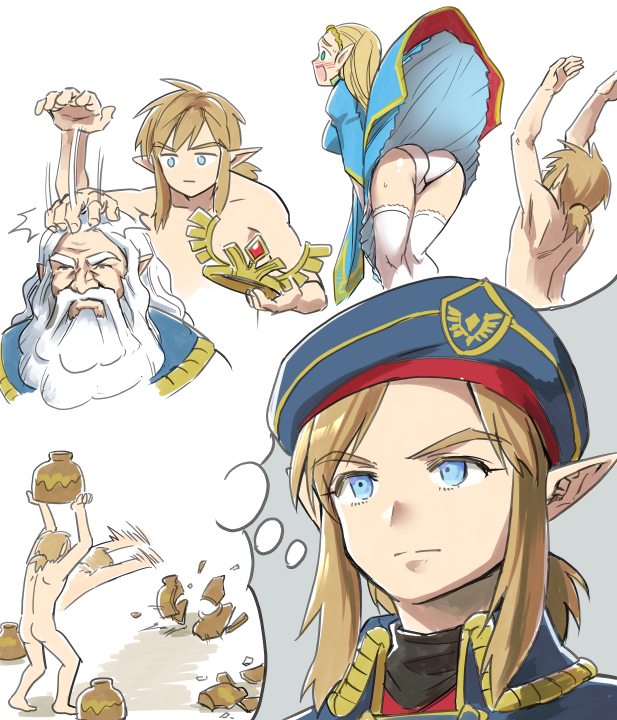 monbetsu kuniharu, link, princess zelda, rhoam bosphoramus hyrule, nintendo, the legend of zelda, the legend of zelda: breath of the wild, 1girl, 2boys, alternate costume, ass, beard, beret, blonde hair, blue dress, blue eyes, blush, closed mouth, completely nude, crown, dress, dress flip, expressionless, facial hair, full beard, grey background, hand on another's head, hat, holding, holding jar, jar, military uniform, multiple boys, nude, official alternate costume, old, old man, open mouth, panties, pointy ears, ponytail, sidelocks, simple background, speech bubble, thighhighs, thought bubble, throwing, underwear, white hair, white panties, white thighhighs