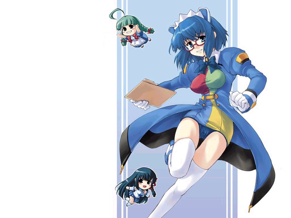 2k-tan, me-tan, xp-tan, os-tan, 3girls, ahoge, blue eyes, blue hair, braid, folder, glasses, green hair, multiple girls, thighhighs, twin braids