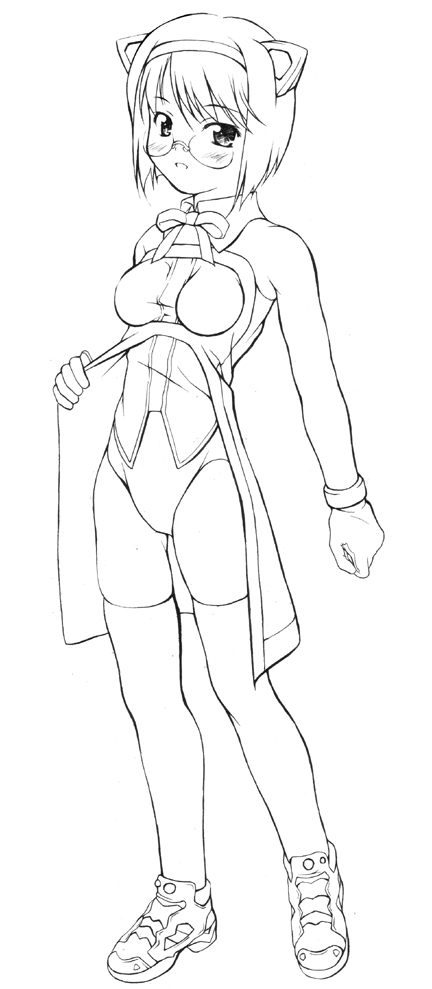 2k-tan, os-tan, long image, tall image, glasses, greyscale, monochrome, short hair, solo, thighhighs