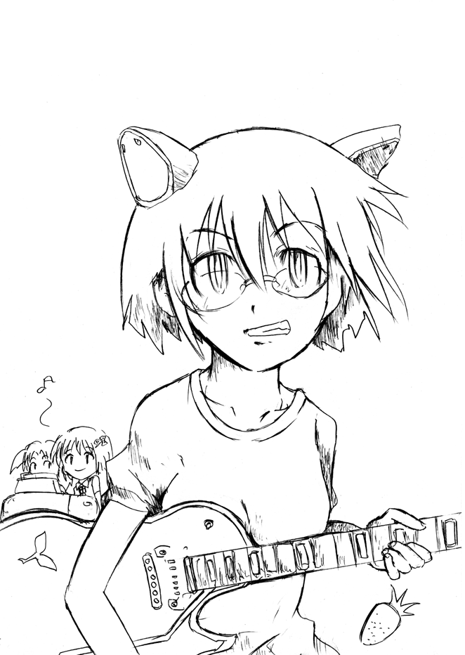 2k-tan, 95-tan, 98-tan, os-tan, 3girls, glasses, greyscale, guitar, instrument, monochrome, multiple girls, musical note, quaver