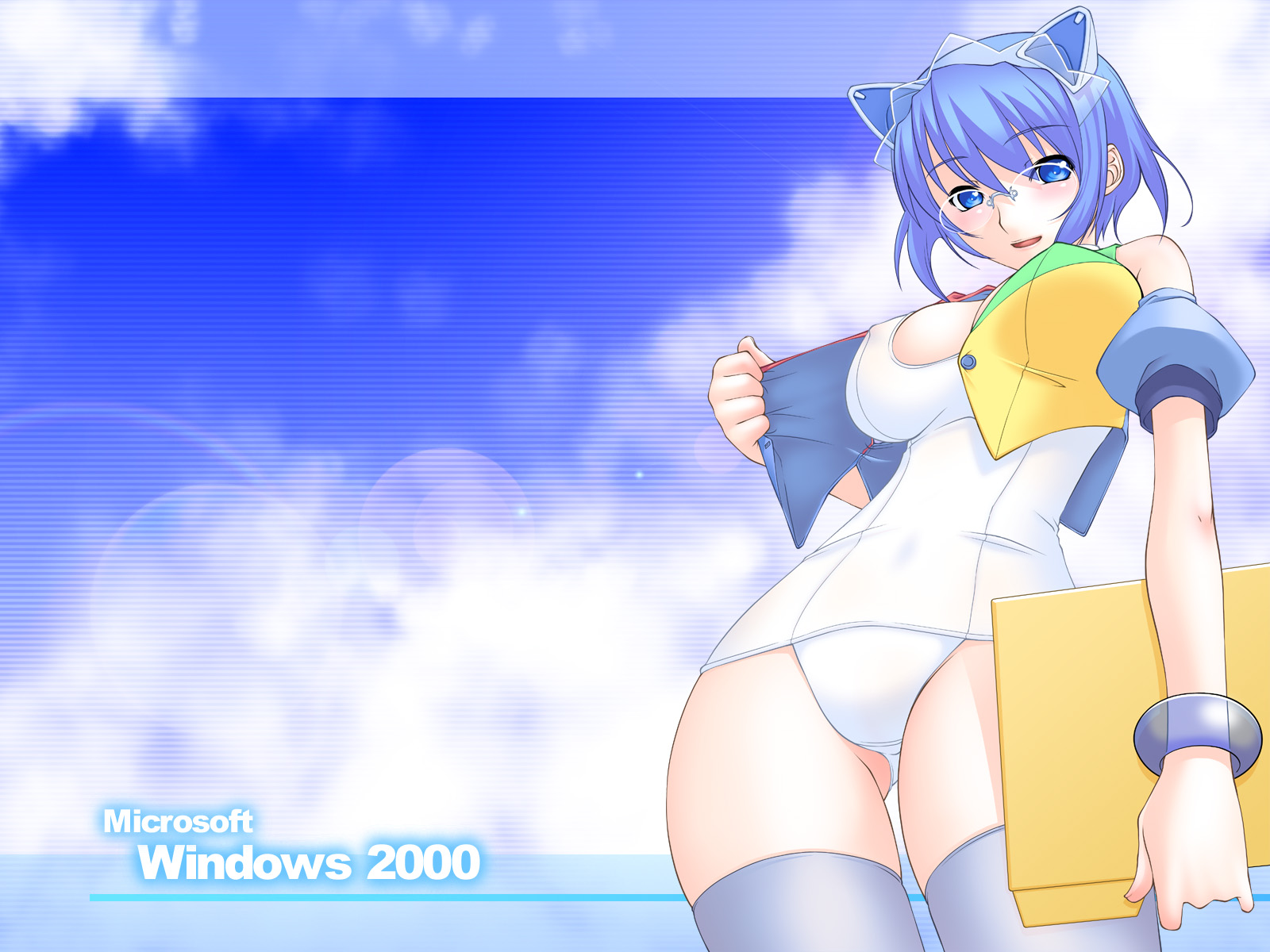 2k-tan, microsoft windows, os-tan, windows 2000, windows classic, highres, tagme, folder, glasses, solo, thighhighs