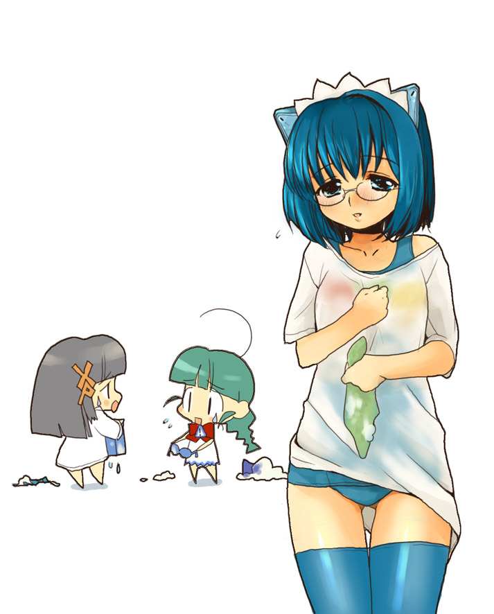 2k-tan, me-tan, xp-tan, os-tan, 3girls, blue hair, chibi, glasses, multiple girls, one-piece swimsuit, swimsuit, swimsuit under clothes, thighhighs