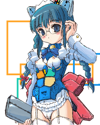 2k-tan, os-tan, lowres, 1girl, cameltoe, female focus, glasses, solo, thighhighs