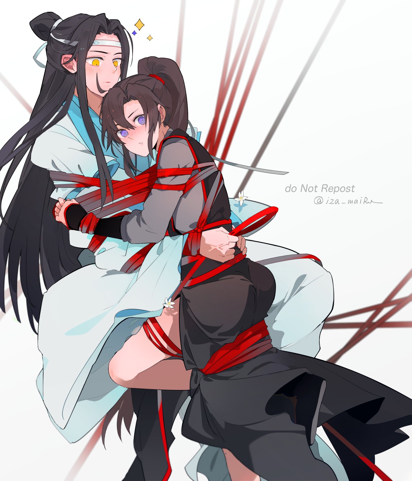 lan wangji, wei wuxian, modao zushi, highres, 2boys, adapted costume, ahoge, ass, bare legs, bdsm, bishounen, black hair, black hanfu, blush, bondage, bound, bound arms, brown hair, chinese clothes, closed mouth, hanfu, headband, high ponytail, hug, iza mairu, long hair, long sleeves, looking at another, looking at viewer, male focus, multiple boys, ponytail, purple eyes, red ribbon, restrained, ribbon, ribbon bondage, robe, rope, sidelocks, simple background, sleeves past wrists, sparkle, topknot, tunic, twitter username, very long hair, white background, white hanfu, white headband, wide sleeves, yaoi, yellow eyes