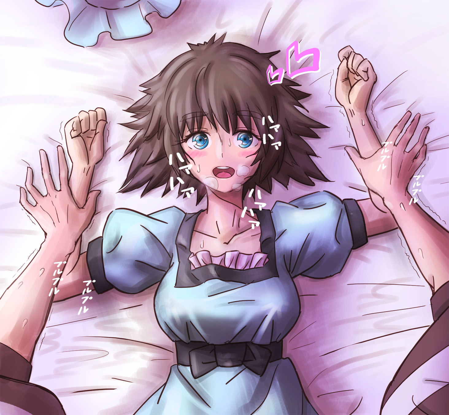 tabix0819, shiina mayuri, urushibara luka, science adventure, steins;gate, highres, 1boy, 1girl, black hair, black sash, blue dress, blue eyes, blush, breasts, dress, looking at viewer, love hotel, lying, medium breasts, on back, open mouth, pink frills, pov, pov hands, puffy short sleeves, puffy sleeves, pushing down, ringed eyes, sash, short sleeves, teeth, tongue, upper teeth only, waist sash