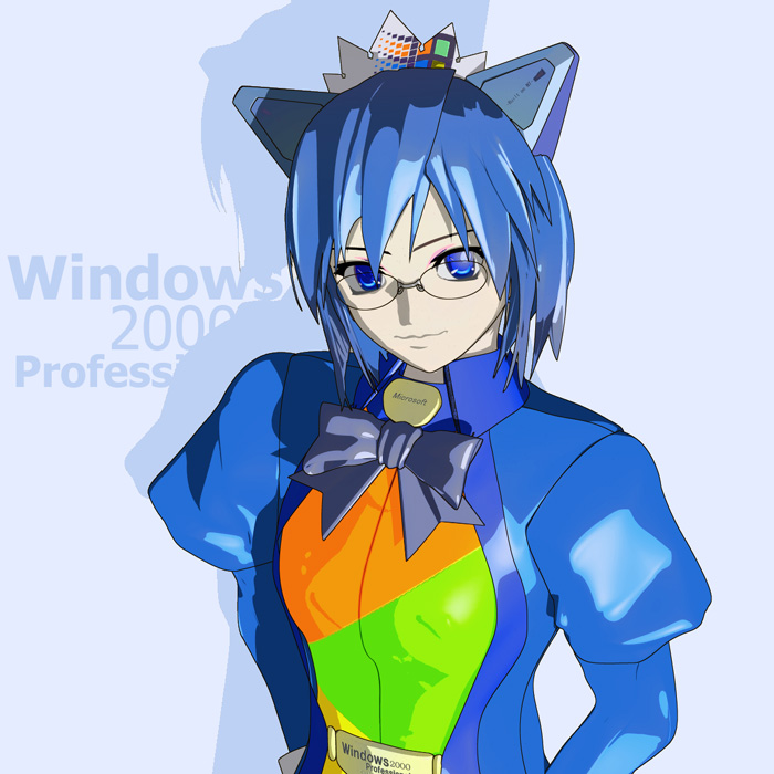 2k-tan, microsoft windows, os-tan, windows 2000, windows classic, 1girl, blue eyes, blue hair, female focus, glasses, matching hair/eyes, solo