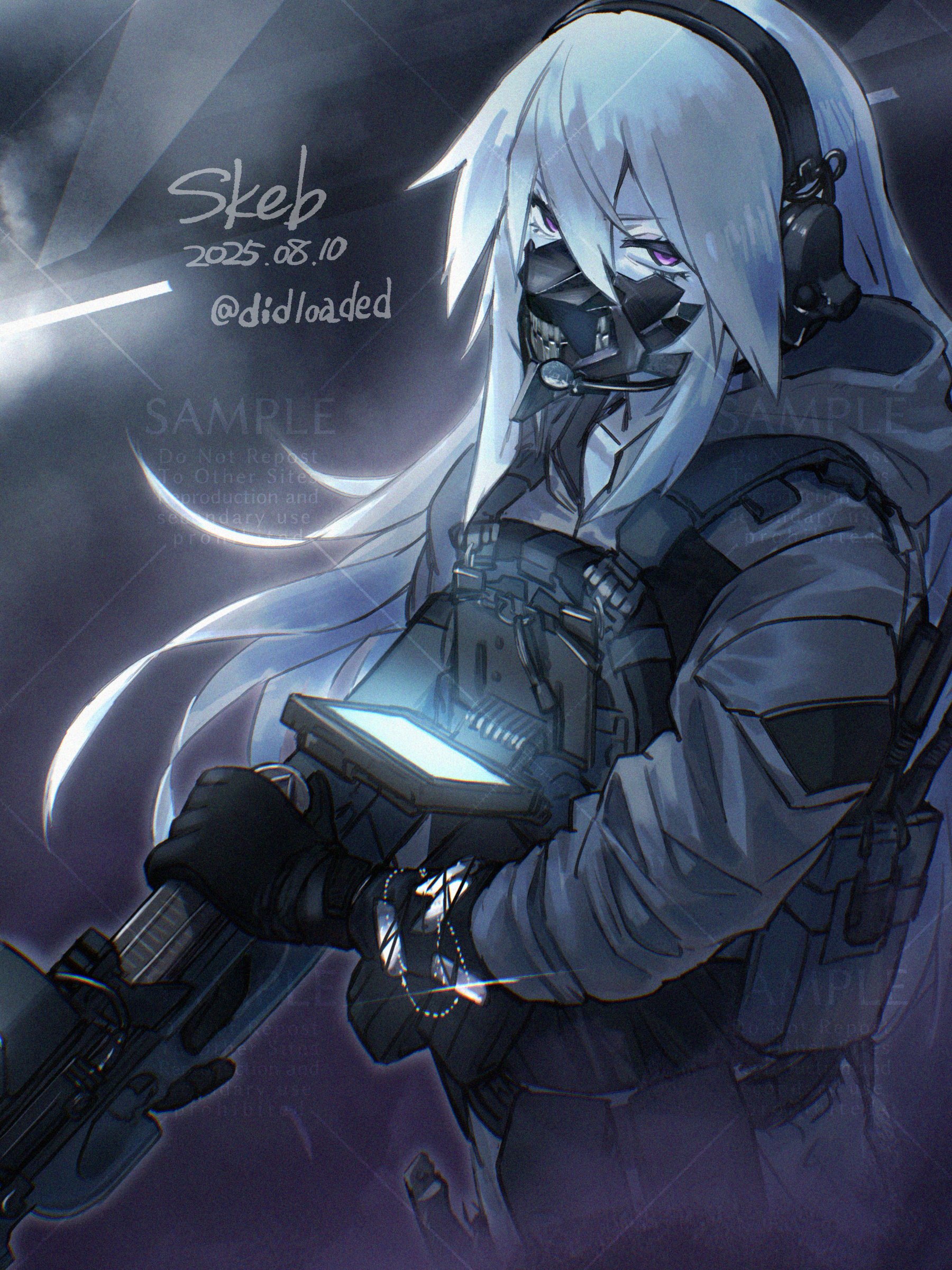 didloaded, original, absurdres, commentary, commission, highres, skeb commission, 1girl, artist name, black gloves, bulletproof vest, bullpup, dated, dog tags, ear protection, gloves, grey jacket, grey pants, gun, hair between eyes, holding, holding gun, holding weapon, hood, hooded jacket, jacket, long hair, looking at viewer, mask, microphone, mouth mask, p90, pants, purple eyes, reloading, sample watermark, solo, submachine gun, tactical clothes, twitter username, watermark, watermark grid, weapon, white hair
