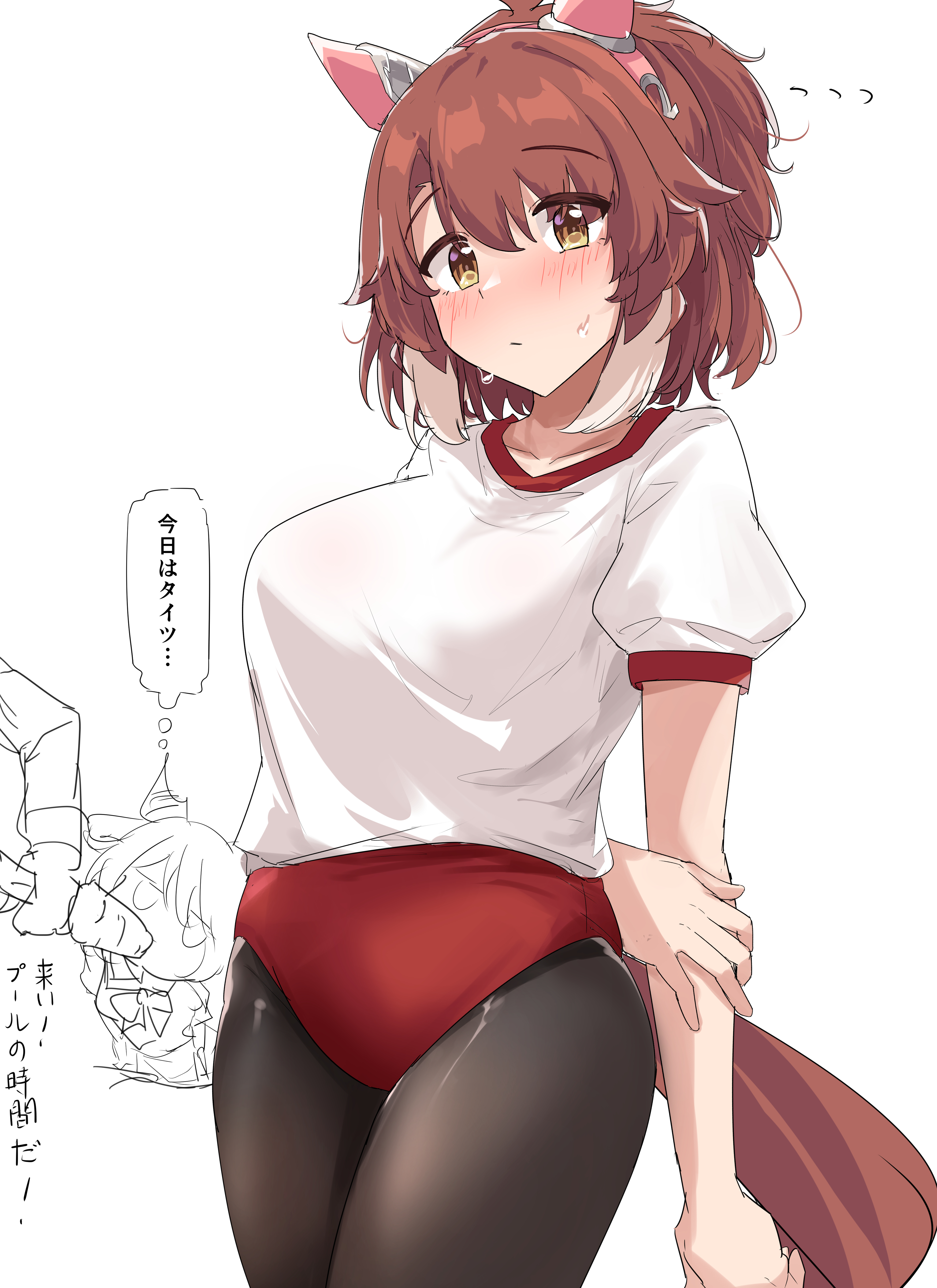 gryebooks, dantsu flame (umamusume), hishi miracle (umamusume), trainer (umamusume), umamusume, absurdres, highres, translation request, 2girls, animal ears, black pantyhose, blush, breasts, brown eyes, brown hair, buruma, closed mouth, ear covers, gym shirt, gym uniform, horse ears, horse girl, horse tail, looking at viewer, medium breasts, multicolored hair, multiple girls, pantyhose, red buruma, shirt, short sleeves, simple background, speech bubble, tail, thought bubble, two-tone hair, white background, white hair, white shirt