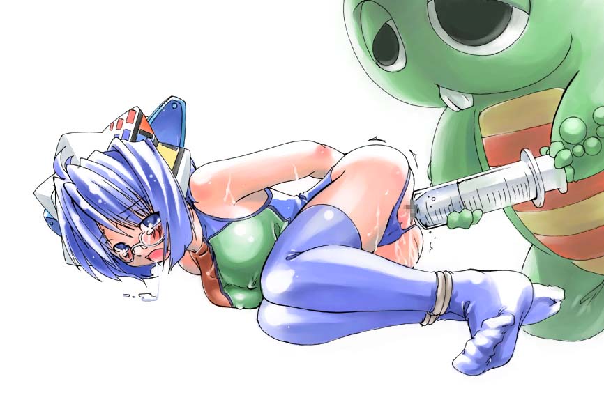 2k-tan, gachapin, hirake! ponkikki, os-tan, artist request, 1boy, 1girl, arms behind back, ass cutout, assless swimsuit, bare arms, bare shoulders, bdsm, blue hair, blue one-piece swimsuit, blue thighhighs, blush, bondage, bound, bound ankles, breasts, buck teeth, censored, clothing cutout, clyster syringe, creature, drooling, enema, facing viewer, female focus, fetal position, glasses, legs together, looking at viewer, looking over eyewear, lying, medium breasts, mosaic censoring, no shoes, on side, one-piece swimsuit, open mouth, pussy, pussy peek, simple background, solo, swimsuit, teeth, thighhighs, white background