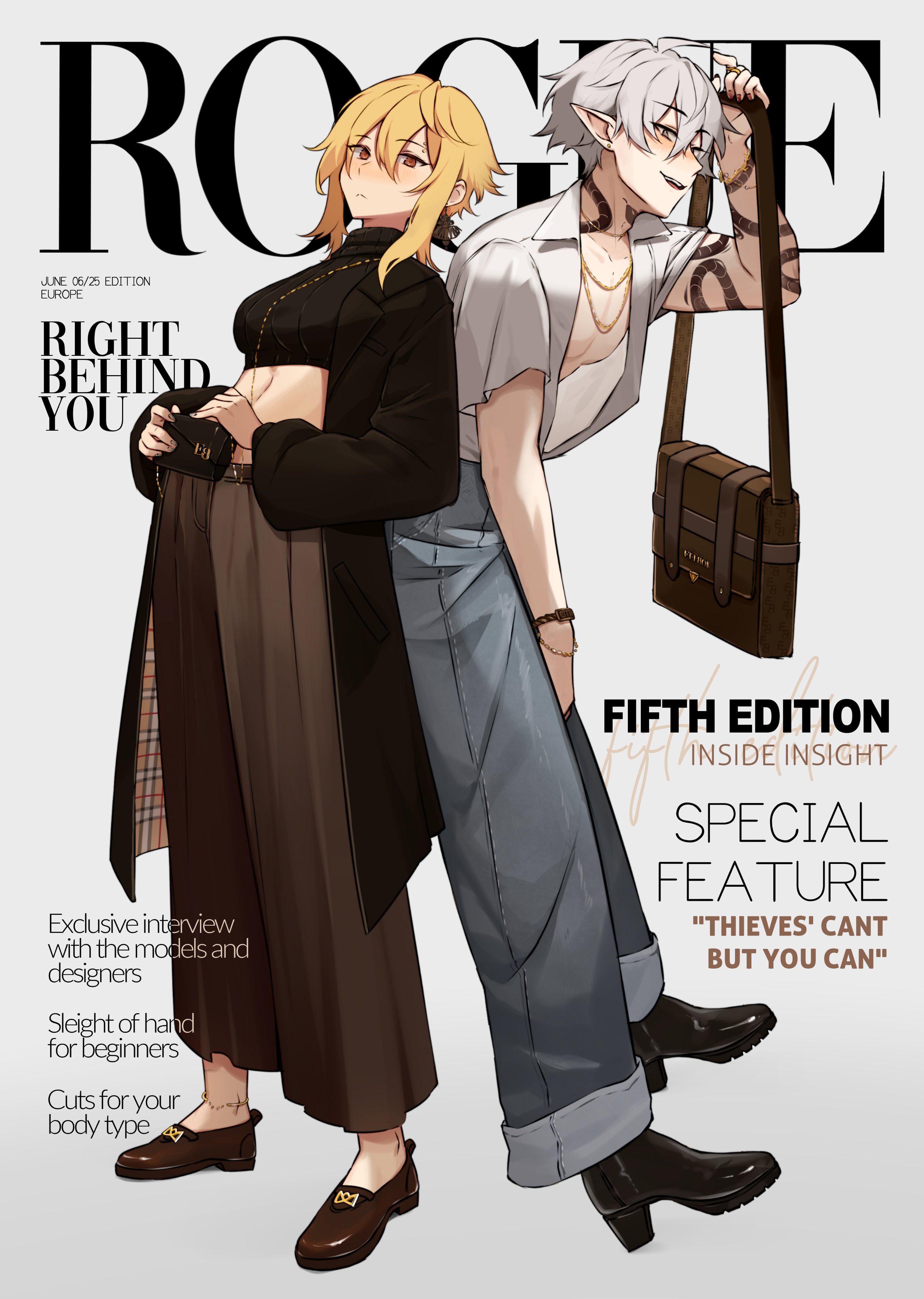 elfboiii, vogue (magazine), absurdres, commentary, english commentary, highres, 1boy, 1girl, 1hp club, alice (1hp club), alternate costume, arm tattoo, bag, bell-bottoms, blonde hair, bracelet, brown eyes, collared shirt, cover, crop top, denim, double-parted bangs, english text, frown, grey eyes, grin, hair between eyes, holding, holding bag, jeans, jewelry, leaning back, leaning on person, long sleeves, looking at viewer, magazine cover, neck tattoo, obi (1hp club), pants, pointy ears, sandals, shirt, short hair, sidelocks, smile, snake tail, stomach, tail, tattoo, unbuttoned, watch, white hair, white shirt, wristwatch