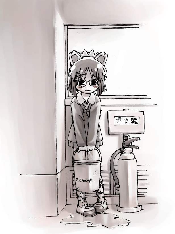 2k-tan, os-tan, 1girl, bucket, female focus, fire extinguisher, glasses, monochrome, puddle, solo
