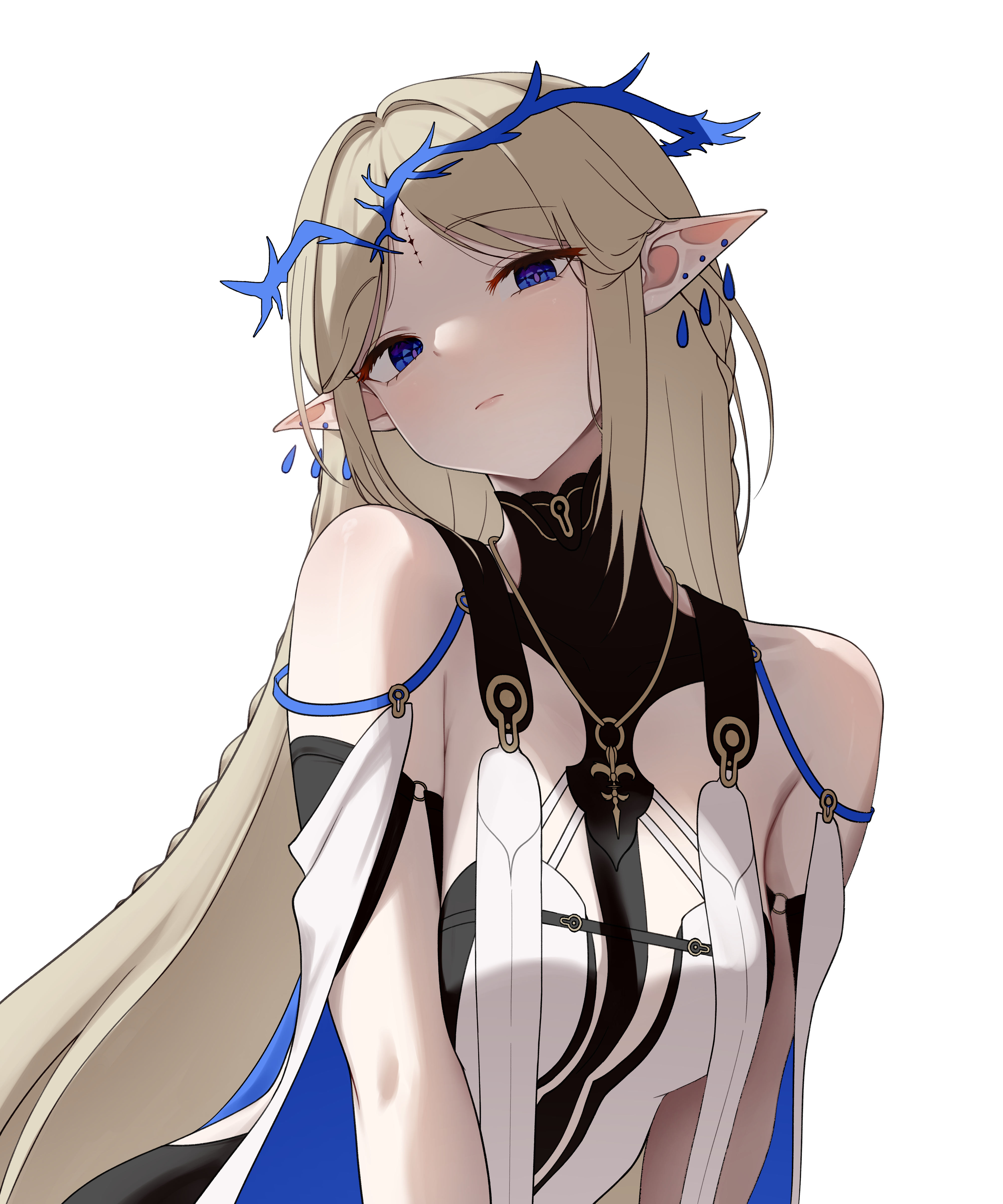rubykong, cartethyia (wuthering waves), wuthering waves, absurdres, commentary, highres, 1girl, bare shoulders, black collar, blonde hair, blue eyes, breasts, closed mouth, collar, crown of thorns, earrings, jewelry, long hair, looking at viewer, medium breasts, multiple earrings, necklace, parted bangs, pointy ears, simple background, solo, tabard, tacet mark (wuthering waves), upper body, white background, white tabard