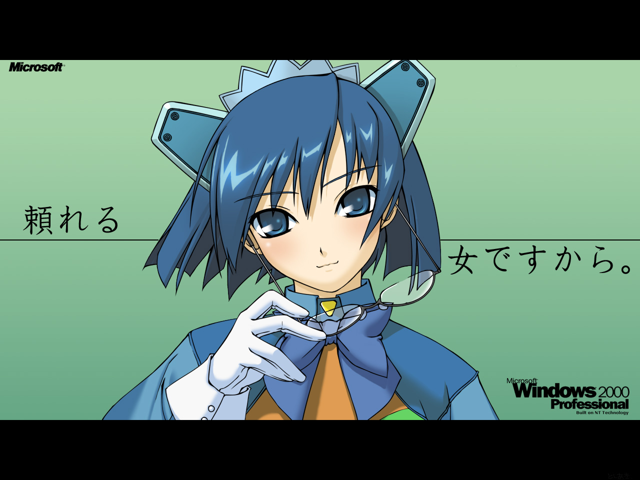 2k-tan, microsoft windows, os-tan, windows 2000, windows classic, 1girl, blue eyes, blue hair, bow, female focus, glasses, holding, holding removed eyewear, matching hair/eyes, removing eyewear, short hair, solo, unworn eyewear