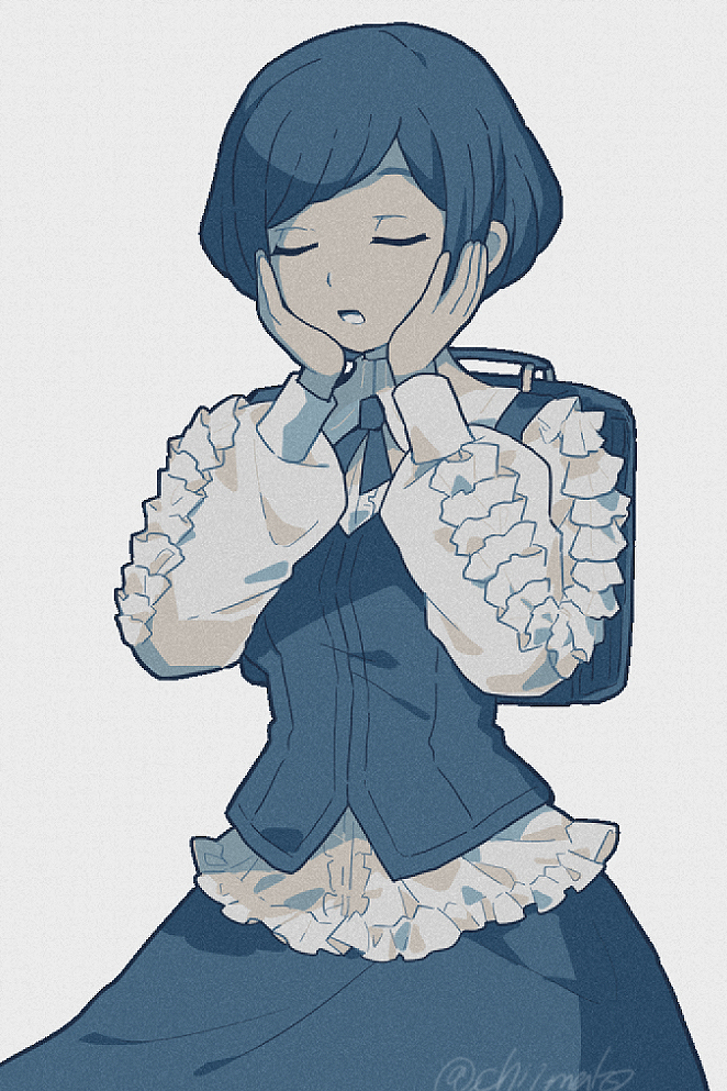 chiimako, fukurai azami, toshi densetsu kaitai center, commentary request, 1girl, backpack, bag, blue hair, closed eyes, collared shirt, cowboy shot, facing viewer, frilled shirt, frilled sleeves, frills, grey background, hands on own cheeks, hands on own face, hands up, limited palette, long sleeves, open mouth, puffy long sleeves, puffy sleeves, shirt, short hair, simple background, skirt, solo, standing, swept bangs
