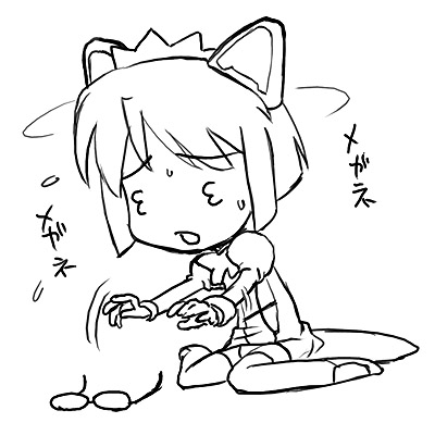 2k-tan, os-tan, lowres, translated, 3 3, chibi, chibi only, glasses, greyscale, looking for glasses, monochrome, short hair, solo, squinting, thighhighs