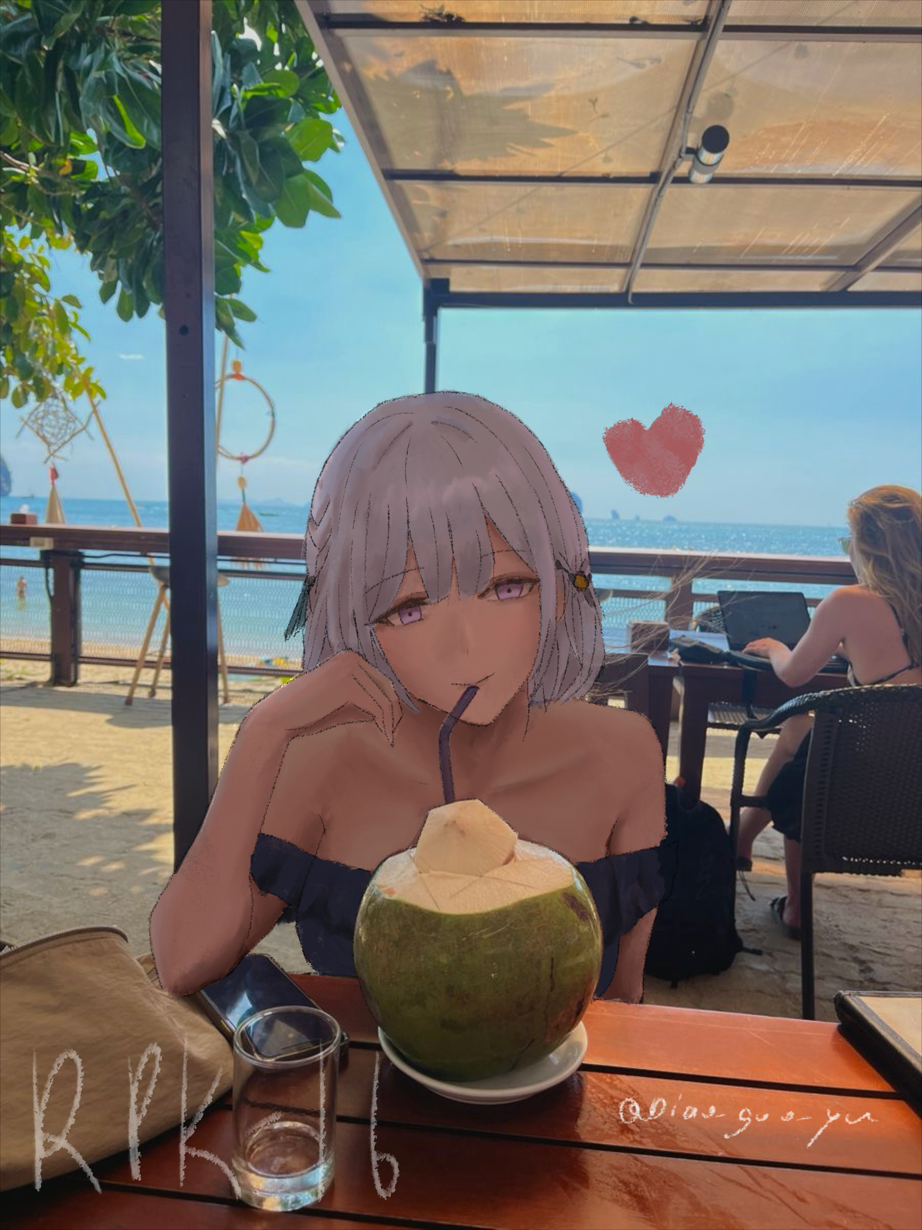 wo lai diaoguo yu, rpk-16 (girls' frontline), girls' frontline, absurdres, commentary, highres, symbol-only commentary, 2girls, alternate costume, arm up, bare shoulders, beach, blue shirt, blue sky, character name, closed mouth, collarbone, feet out of frame, grey hair, looking at viewer, medium hair, multiple girls, purple eyes, shirt, sitting, sky, smile, twitter username