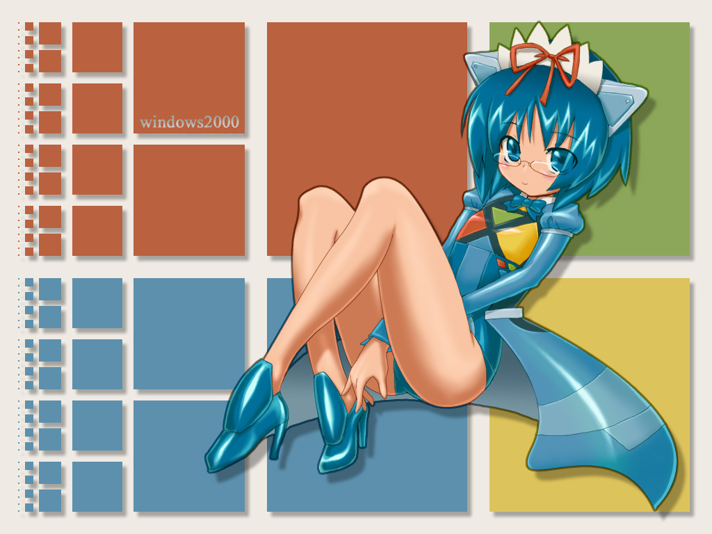 2k-tan, microsoft windows, os-tan, windows 2000, windows classic, 1girl, blue eyes, blue hair, bow, female focus, glasses, matching hair/eyes, solo