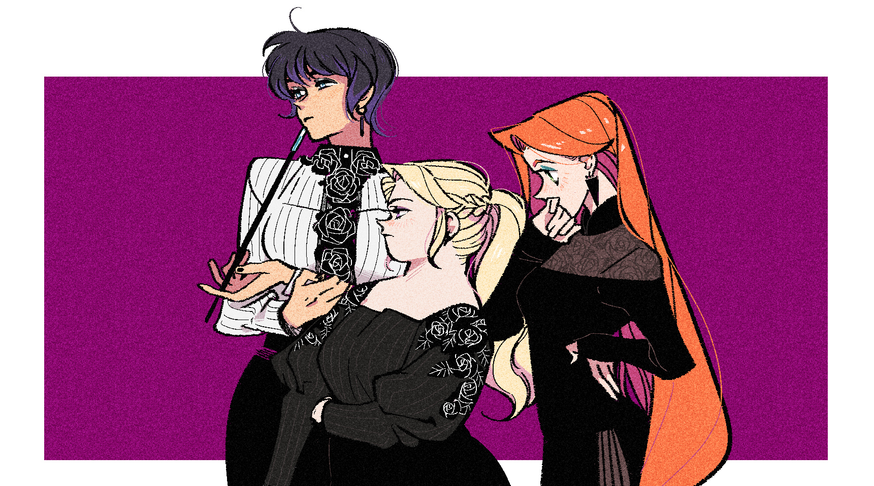 tweetyq1961, commentary, highres, 3girls, 3itches, black hair, black nails, blonde hair, earrings, hand on own hip, jewelry, long hair, looking ahead, multiple girls, olivia (3itches), orange hair, ponytail, profile, purple background, shirt, short hair, striped clothes, striped shirt, tina (3itches), vertical-striped clothes, vertical-striped shirt, vivian (3itches)