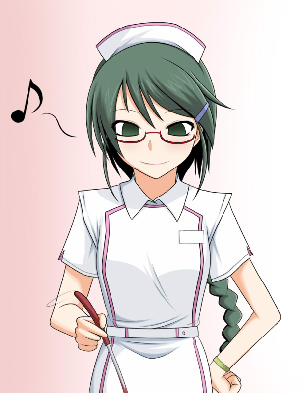 okota1869, chaos;head, science adventure, 1girl, blush, bracelet, braid, breasts, cooking, dress, empty eyes, facing viewer, glasses, green eyes, green hair, hair between eyes, hair ornament, hairpin, hand on own hip, hat, hazuki shino (chaos;head), jewelry, long hair, music, nurse, nurse cap, red-framed eyewear, short sleeves, singing, small breasts, smile, solo, white dress
