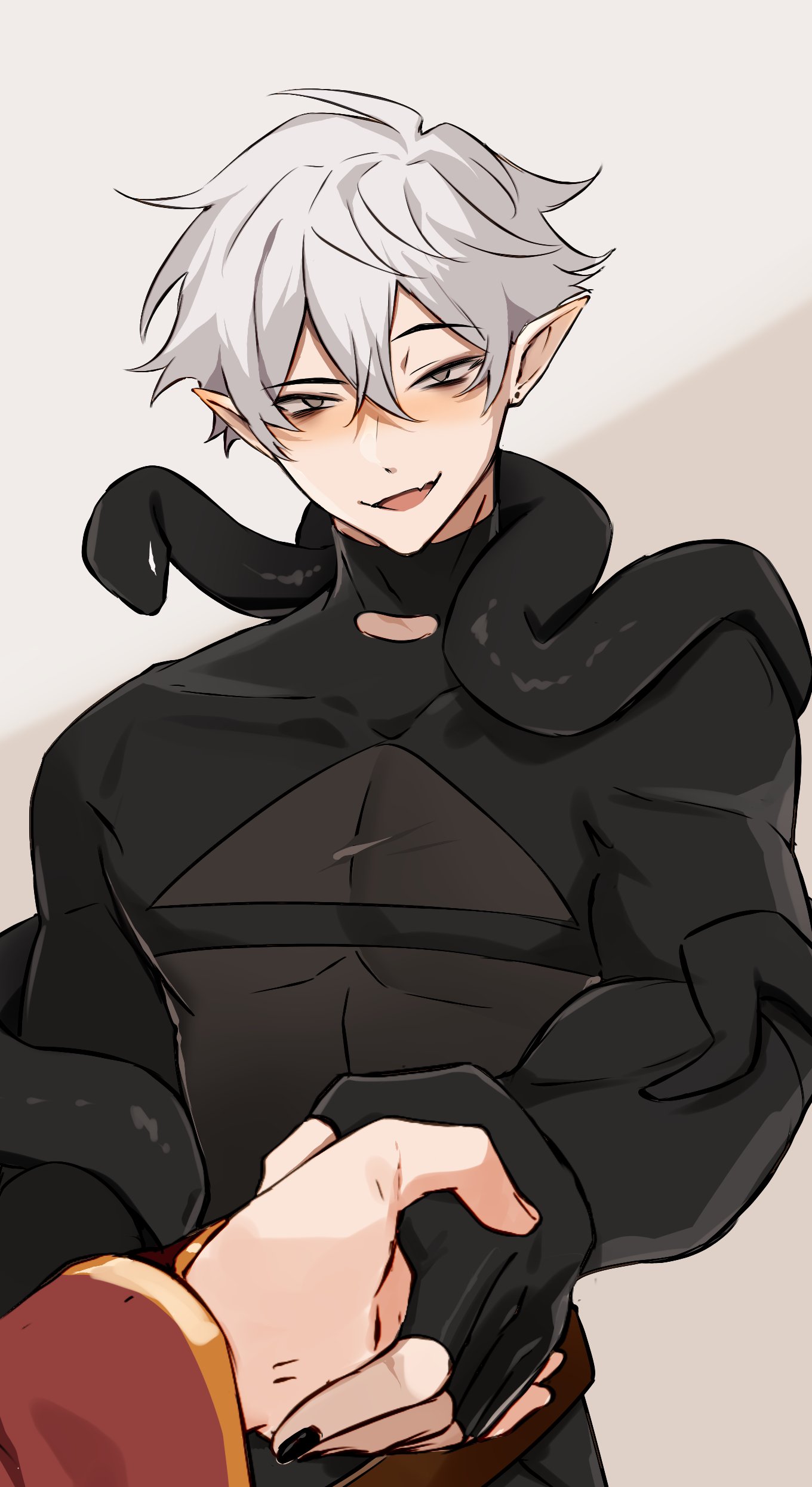 elfboiii, absurdres, commentary, english commentary, highres, 1boy, 1hp club, 1other, :d, animal, animal on shoulder, bags under eyes, black gloves, black shirt, crossed bangs, double-parted bangs, fingerless gloves, gloves, grey eyes, hair between eyes, handshake, head tilt, looking at viewer, niffin (1hp club), obi (1hp club), open mouth, pointy ears, pov, see-through cleavage, see-through clothes, shirt, short hair, smile, snake, toned, toned male, white hair