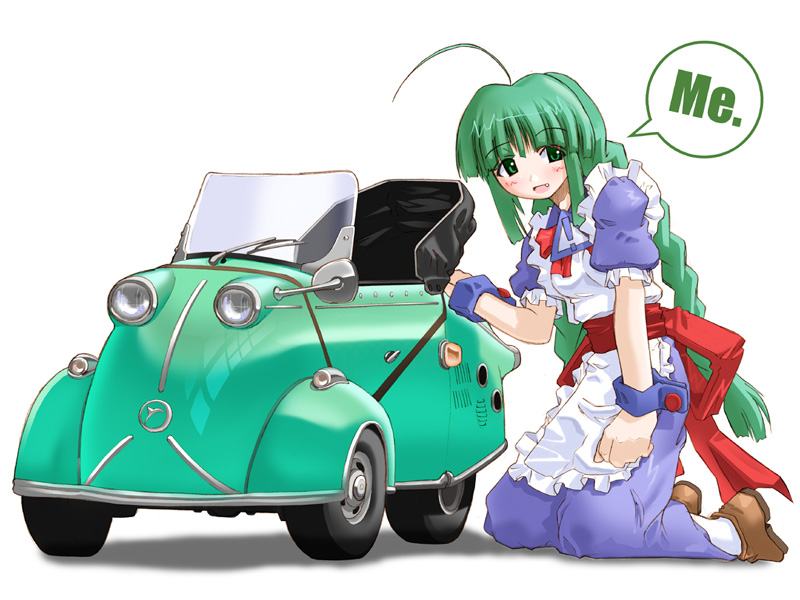 me-tan, messerschmitt kr200, messerschmitt, os-tan, brown footwear, white legwear, 1girl, ahoge, apron, blush, blush stickers, braid, car, convertible, female focus, green eyes, green hair, kneeling, long hair, looking at viewer, maid, maid apron, matching hair/eyes, motor vehicle, name connection, short sleeves, sign, simple background, smile, solo, speech bubble, twin braids, vehicle focus, very long hair, warning sign, white background, wrist cuffs