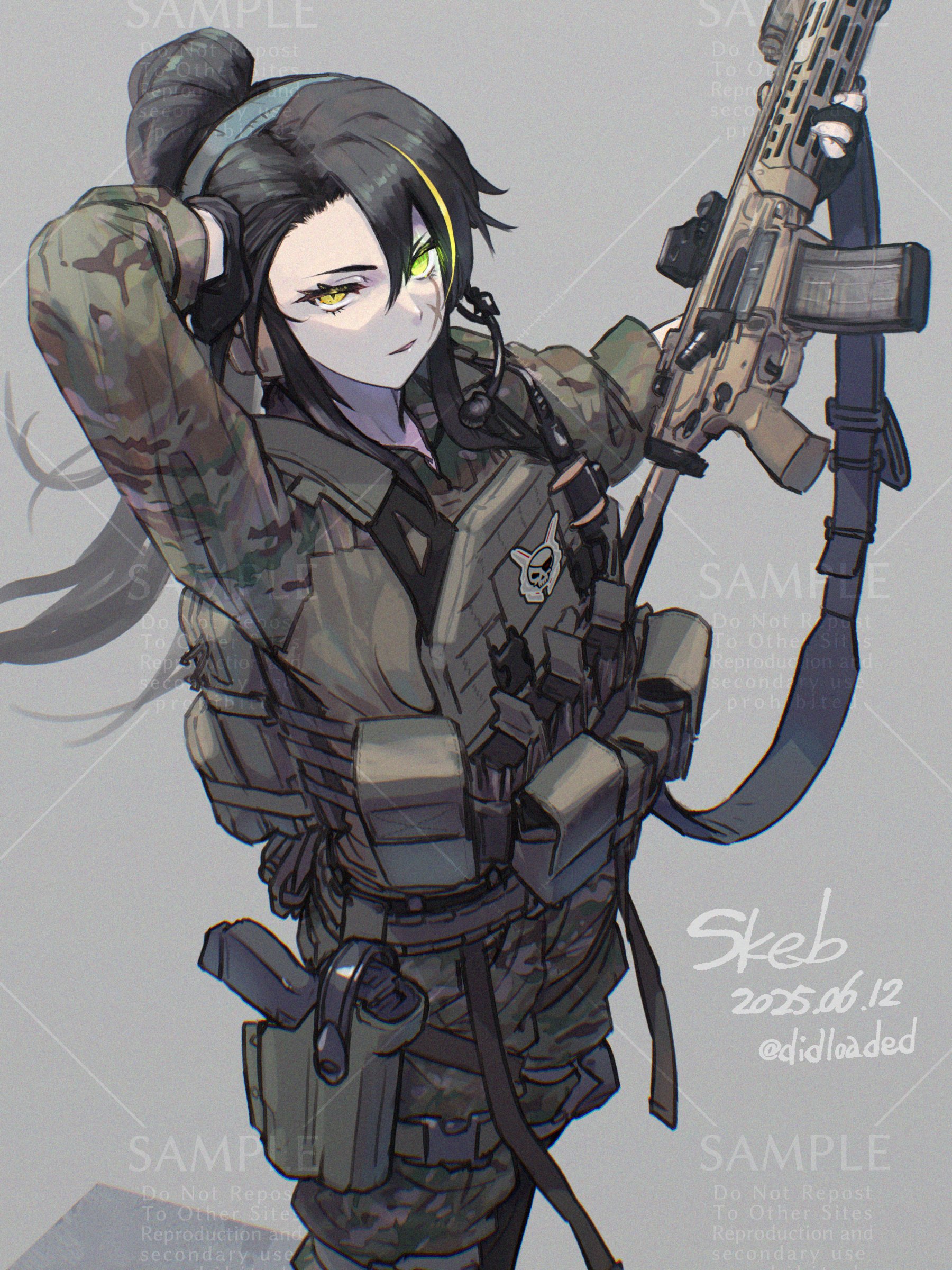 didloaded, original, sig sauer, absurdres, commentary, commission, highres, skeb commission, 1girl, ammunition pouch, artist name, assault rifle, black gloves, black hair, blonde hair, bulletproof vest, camouflage, camouflage pants, camouflage shirt, dated, facial scar, glock, gloves, glowing, glowing eye, green eyes, green pants, grey background, gun, gun sling, handgun, headphones, heterochromia, holding, holding gun, holding weapon, holster, holstered, long hair, looking at viewer, microphone, multicolored hair, open mouth, pants, partially fingerless gloves, ponytail, pouch, rifle, sample watermark, scar, scar on cheek, scar on face, shirt, sig mcx, simple background, solo, streaked hair, tactical clothes, twitter username, two-tone hair, watermark, watermark grid, weapon, yellow eyes