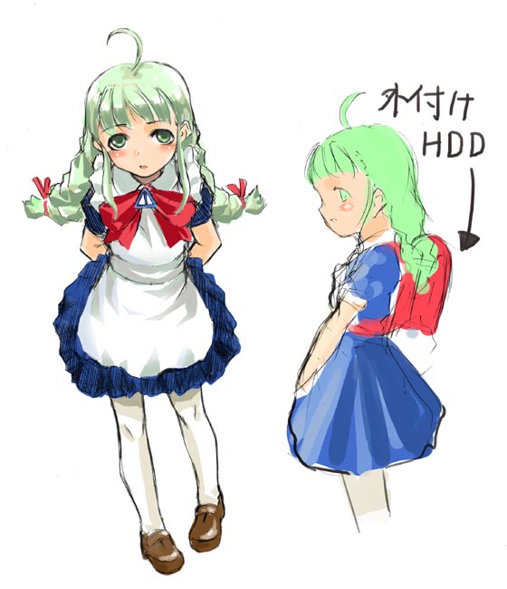 me-tan, os-tan, 1girl, ahoge, backpack, bag, braid, dual persona, green eyes, green hair, multiple views, randoseru, thighhighs, twin braids
