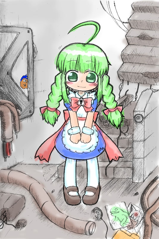 me-tan, os-tan, 1girl, ahoge, braid, female focus, green hair, solo, thighhighs, twin braids