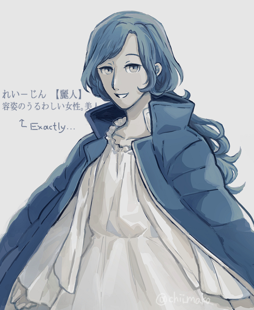 chiimako, toshi densetsu kaitai center, commentary request, translation request, 1girl, arms at sides, blue hair, coat, coat on shoulders, cowboy shot, dress, grey background, hinata (toshi densetsu kaitai center), limited palette, long hair, long sleeves, looking at viewer, low ponytail, open clothes, open coat, ponytail, simple background, smile, solo, standing, wavy hair